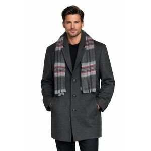 Stafford Signature Classic Fit Top Coat 46 Reg Dark Gray Wool‎ Blend Plaid Scarf